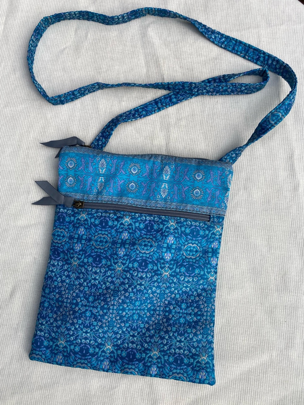 Derin Mini Hipster Crossbody Bag Blue Turkish Carpet Woven Tapestry 8x10
